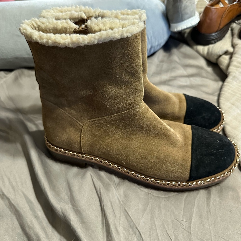 Suede Shearling-Lined Ankle Boots with Black Toe Cap